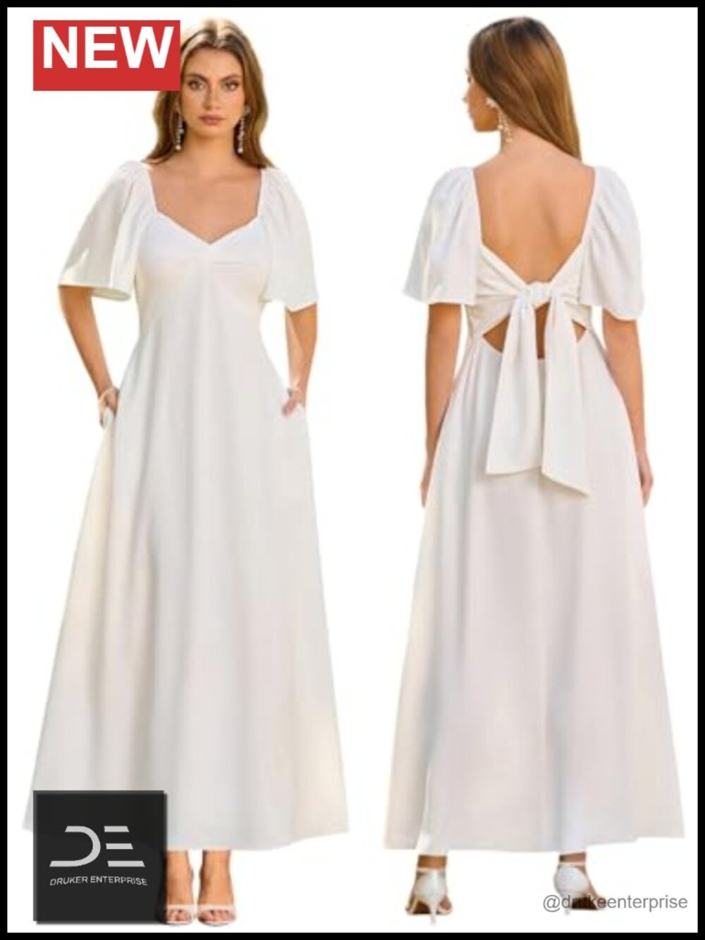 Women's Flowy A-Line Maxi Dress V-Neck Short Sleeve Bow Tie Wedding Guest